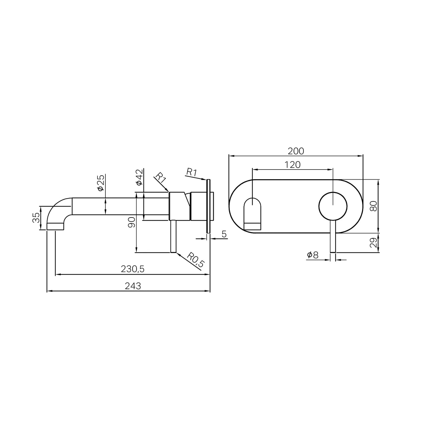Zen SS316L Wall Basin/Bath Mixer 230mm Spout Trim Kits Only Graphite