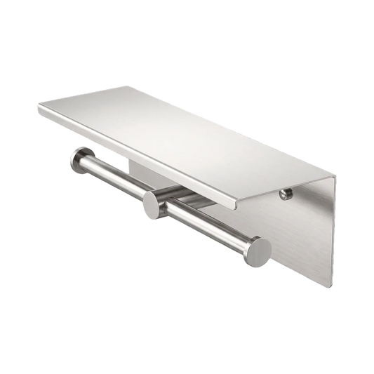 Nero Mecca Double Toilet Roll Holder With Shelf Brushed Nickel