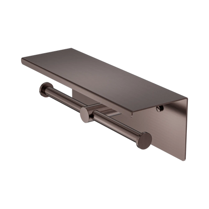 Mecca Double Toilet Roll Holder With Shelf Brushed Bronze