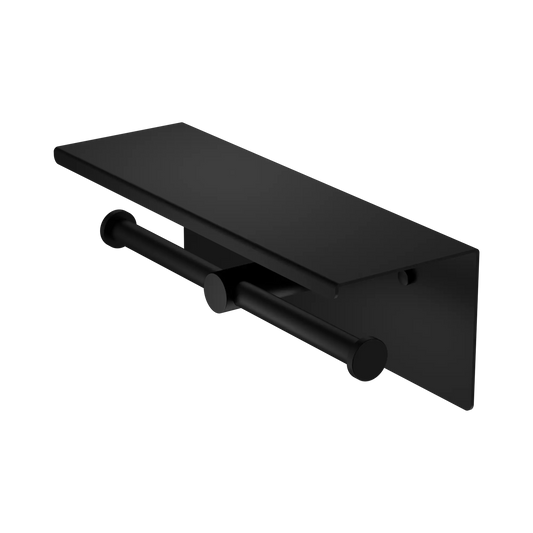 Mecca Double Toilet Roll Holder With Shelf Matte Black