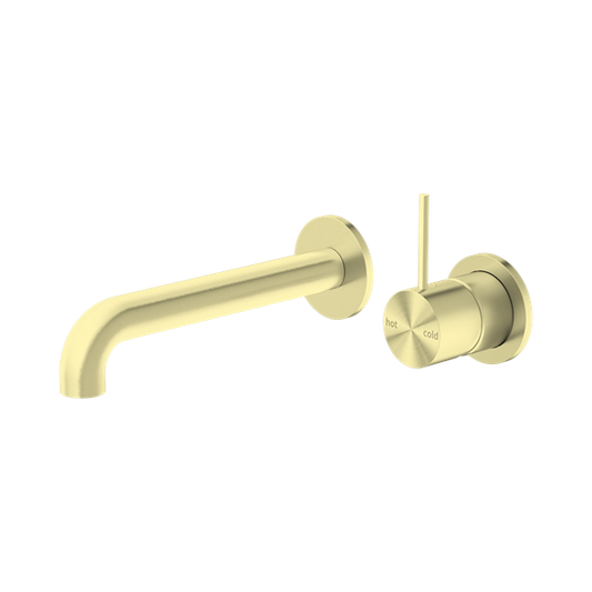 Mecca Wall Basin Mixer Separate Back Plate Handle Up 230mm Spout Brushed Gold