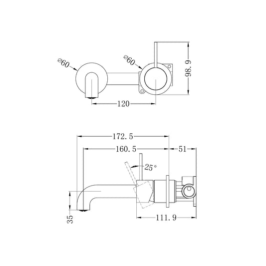 Mecca Wall Basin/Bath Mixer Separate Back Plate Handle Up 160mm Matte Black