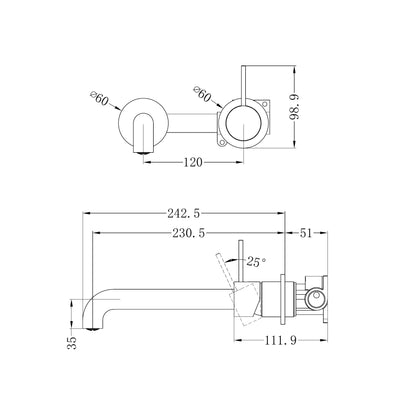 Mecca Wall Basin/Bath Mixer Separate Back Plate Handle Up 230mm Chrome