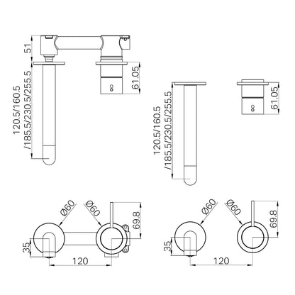 Mecca Wall Basin/Bath Mixer Separate Back Plate Handle Up 230mm Trim Kits Only Brushed Bronze