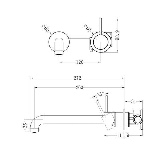 Mecca Wall Basin/Bath Mixer Separate Back Plate Handle Up 260mm Chrome