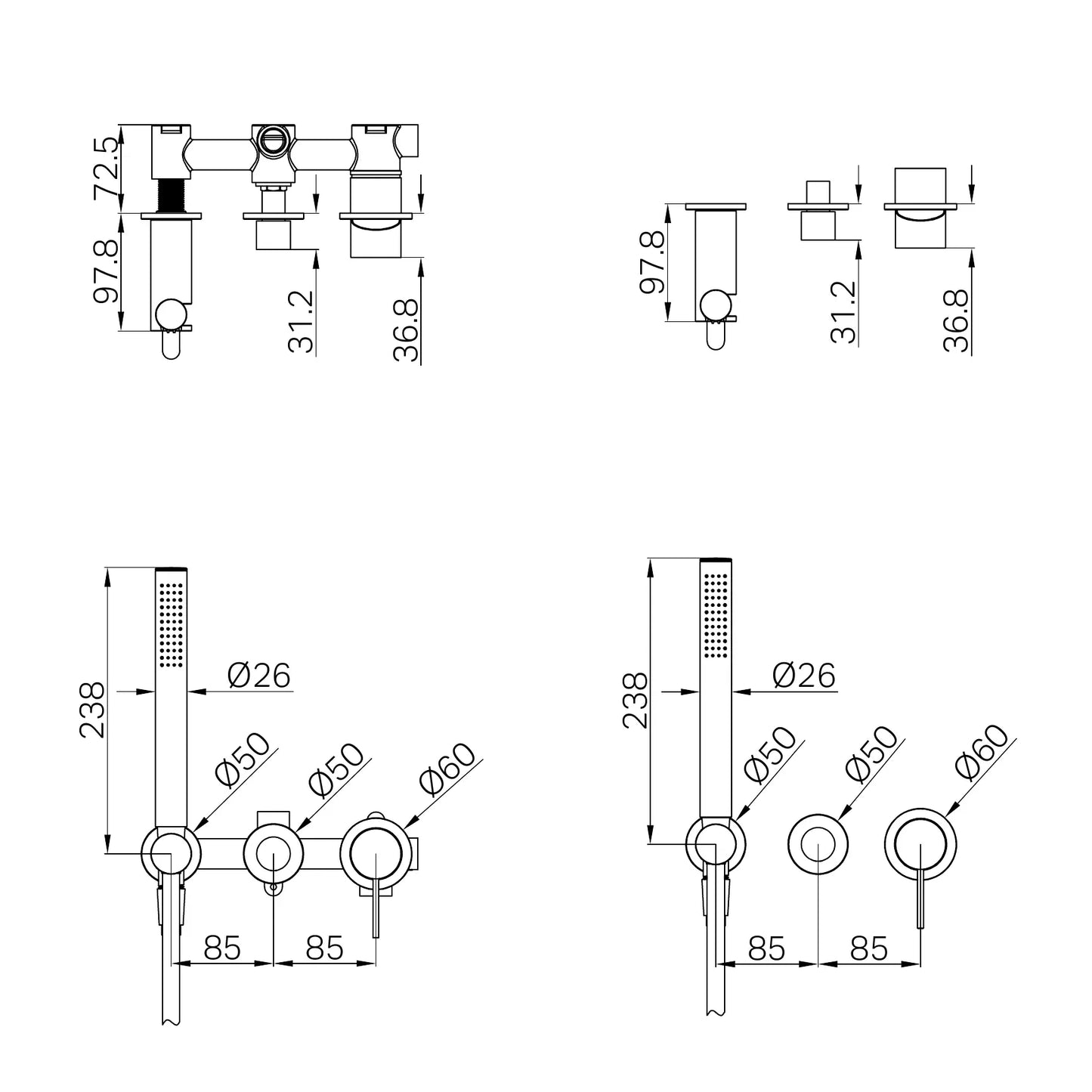 Mecca Shower Mixer Diverter System Separate Back Plate Trim Kits Only Gun Metal