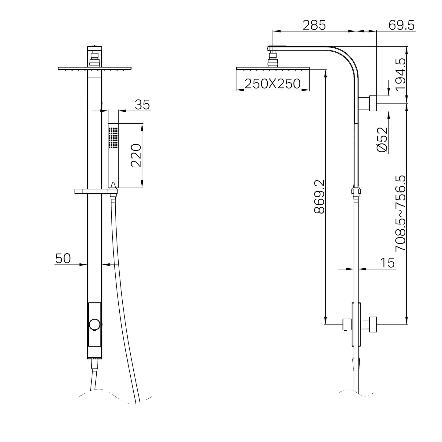 Astra Rain Square Twin Shower Single Hose Matte Black