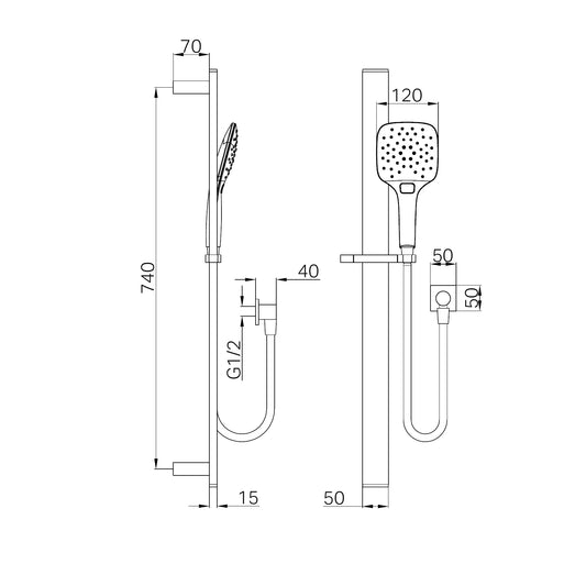 Rain Square 3 Function Shower Rail Chrome