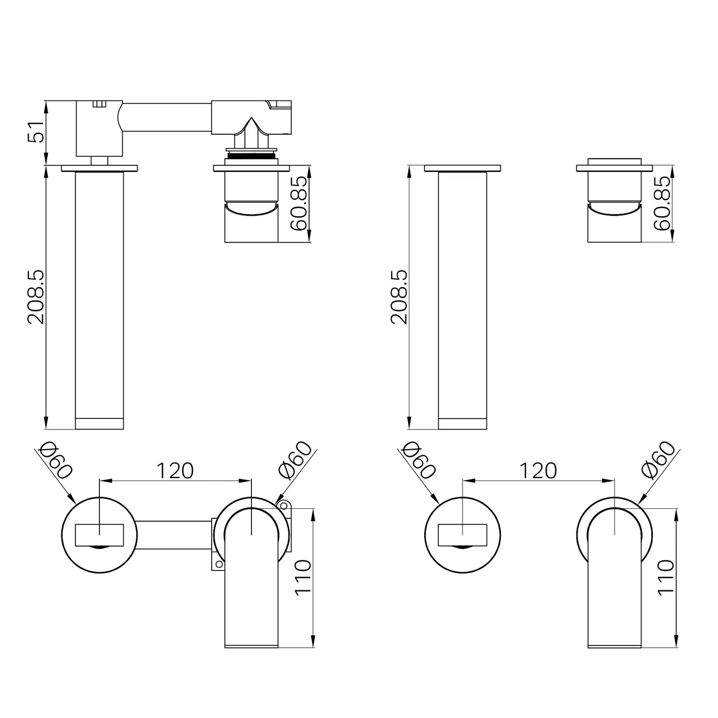 Bianca Wall Basin/Bath Mixer Separate Back Plate 187mm Chrome