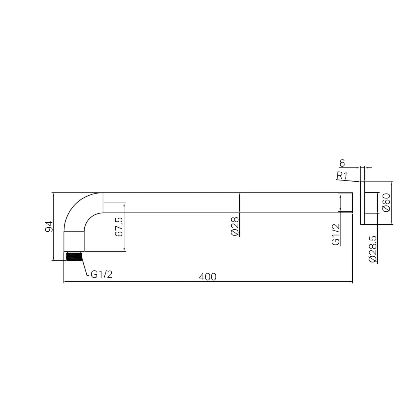 Nero Zen SS316L Round Wall Shower Arm 400mm Length Graphite