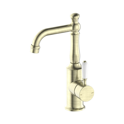 York Basin Mixer With White Porcelain Lever Aged Brass