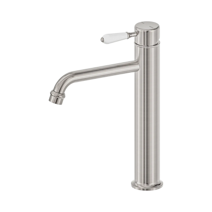 Nero York Straight Tall Basin Mixer With White Porcelain Lever Brushed Nickel