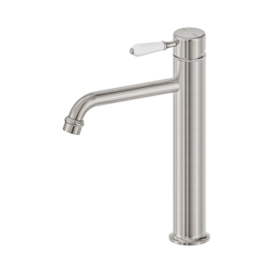 Nero York Straight Tall Basin Mixer With White Porcelain Lever Brushed Nickel