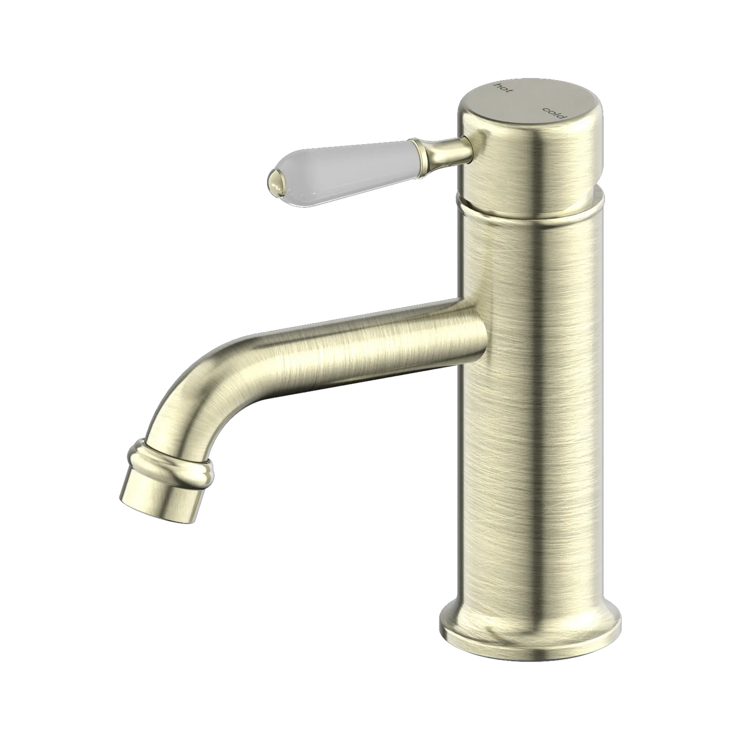 York Straight Basin Mixer With White Porcelain Lever Aged Brass