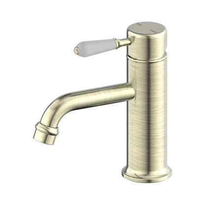 York Straight Basin Mixer With White Porcelain Lever Aged Brass
