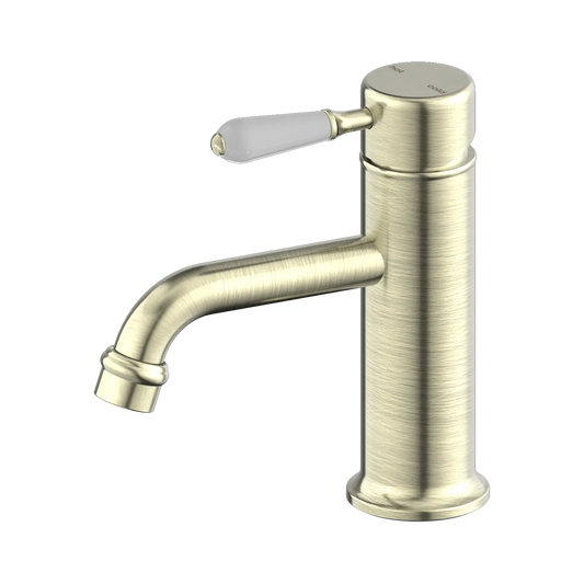 York Straight Basin Mixer With White Porcelain Lever Aged Brass