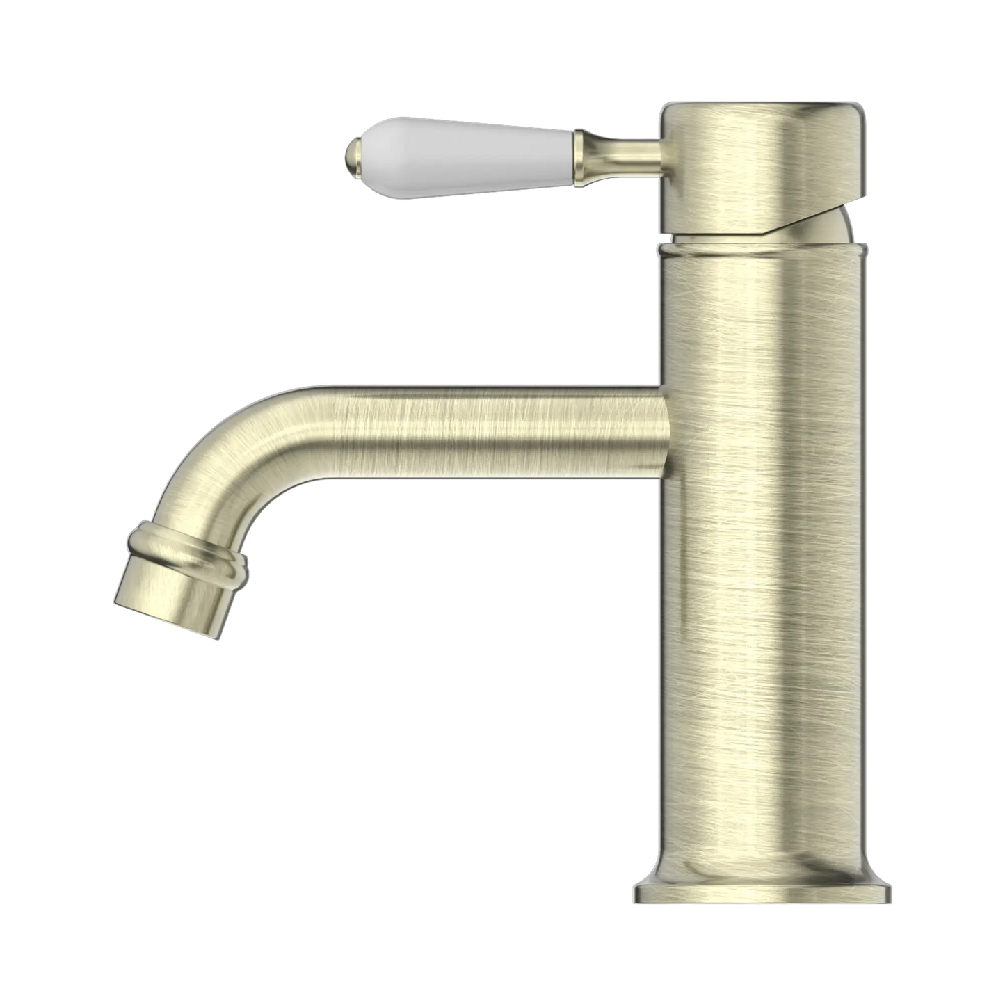 York Straight Basin Mixer With White Porcelain Lever Aged Brass