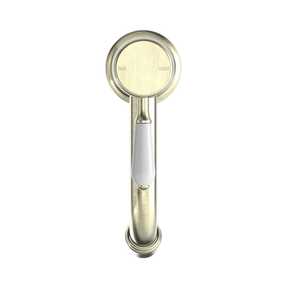York Straight Basin Mixer With White Porcelain Lever Aged Brass