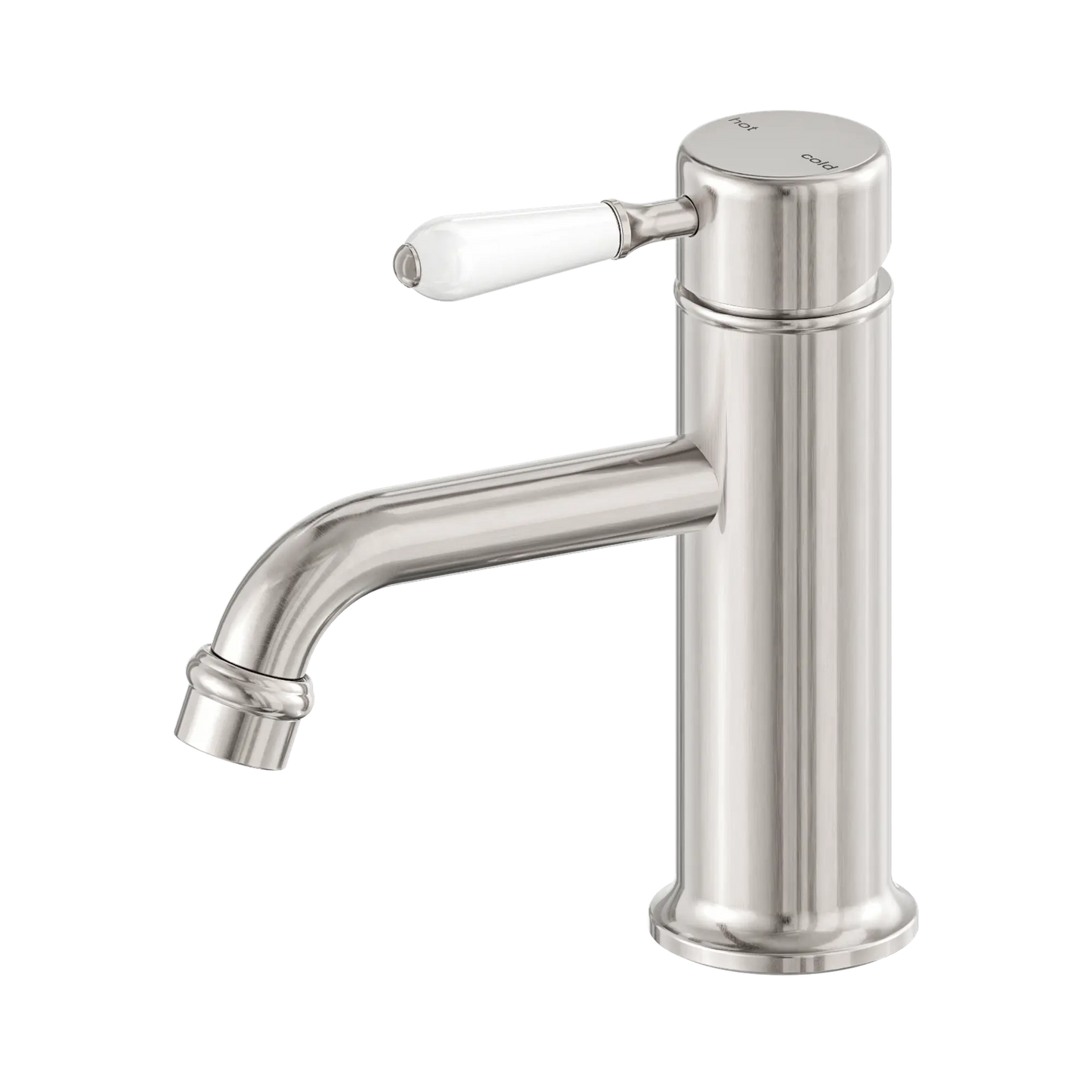 York Straight Basin Mixer With White Porcelain Lever Brushed Nickel