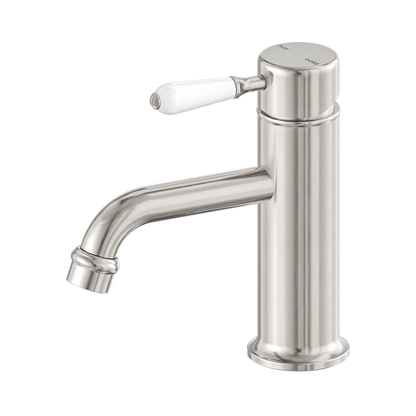 York Straight Basin Mixer With White Porcelain Lever Brushed Nickel