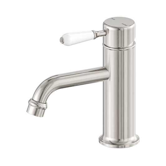 York Straight Basin Mixer With White Porcelain Lever Brushed Nickel