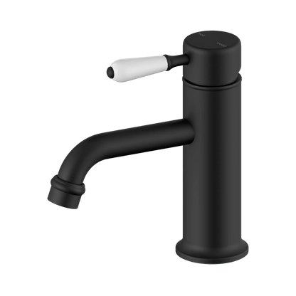 York Straight Basin Mixer With White Porcelain Lever Matte Black