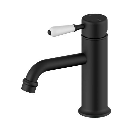 York Straight Basin Mixer With White Porcelain Lever Matte Black