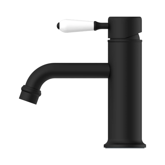 York Straight Basin Mixer With White Porcelain Lever Matte Black