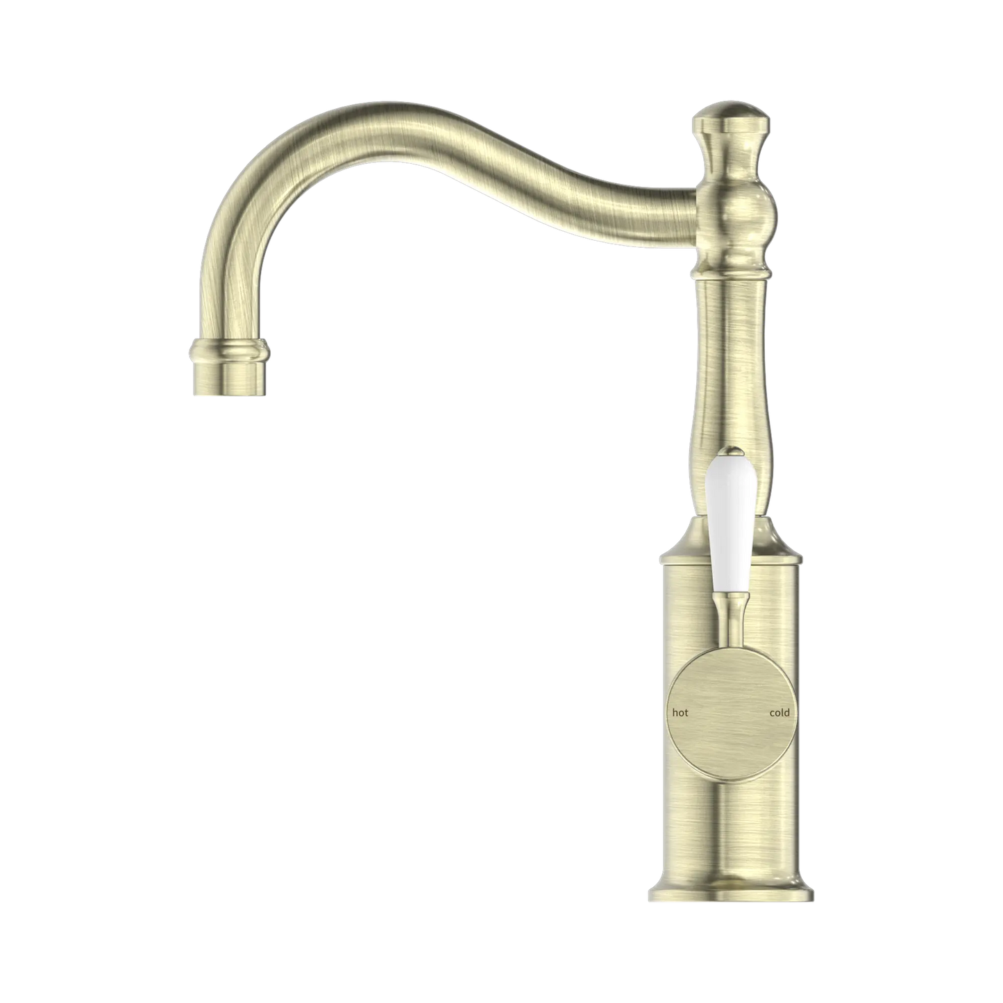 York Basin Mixer Hook Spout With White Porcelain Lever Aged Brass