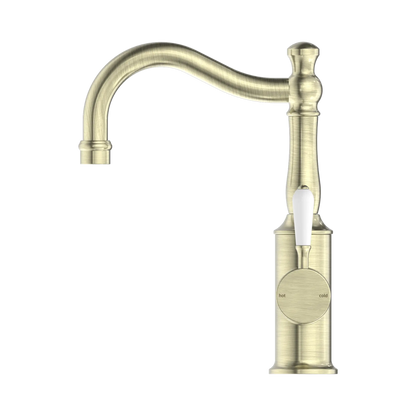 York Basin Mixer Hook Spout With White Porcelain Lever Aged Brass