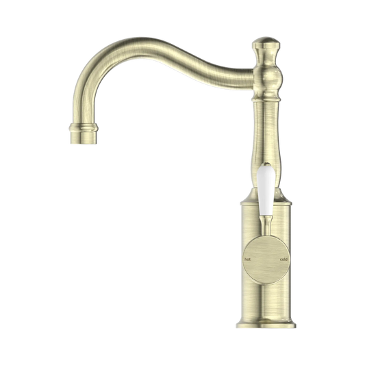 York Basin Mixer Hook Spout With White Porcelain Lever Aged Brass