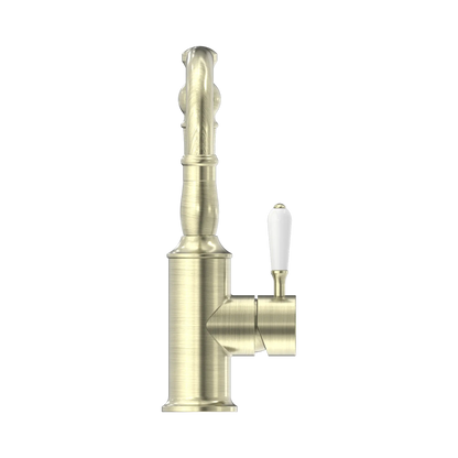 York Basin Mixer Hook Spout With White Porcelain Lever Aged Brass