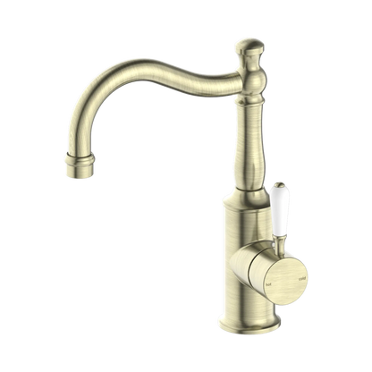 York Basin Mixer Hook Spout With White Porcelain Lever Aged Brass