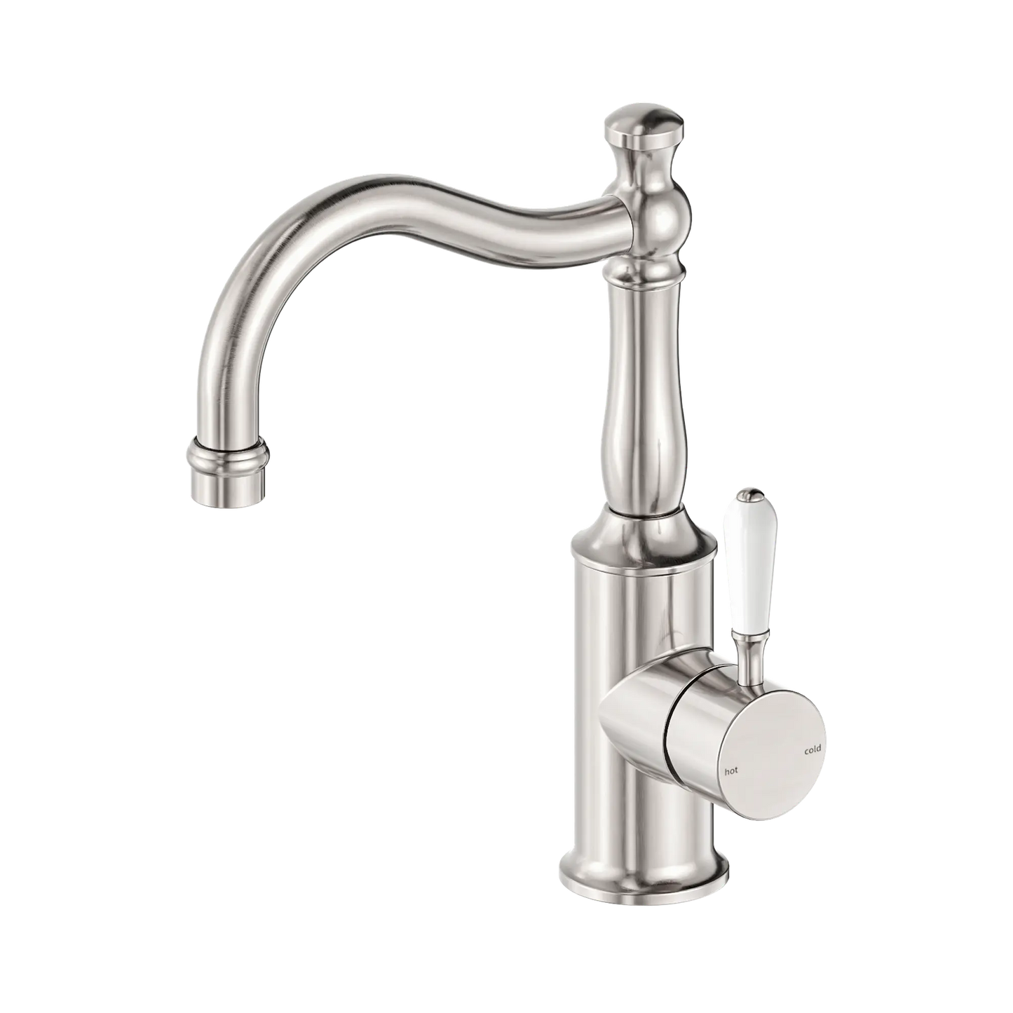 York Basin Mixer Hook Spout With White Porcelain Lever Brushed Nickel
