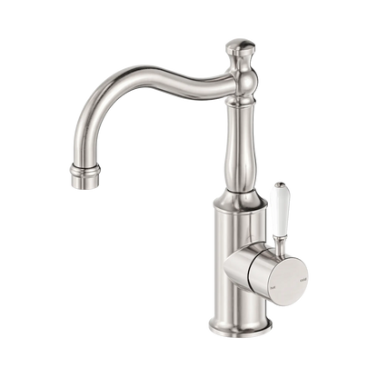 York Basin Mixer Hook Spout With White Porcelain Lever Brushed Nickel