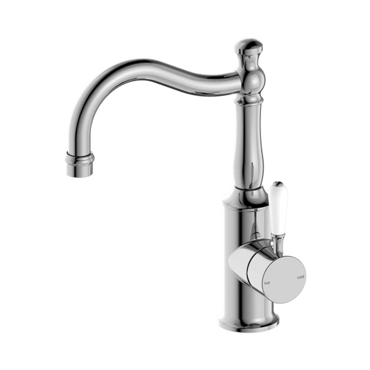 York Basin Mixer Hook Spout With White Porcelain Lever Chrome