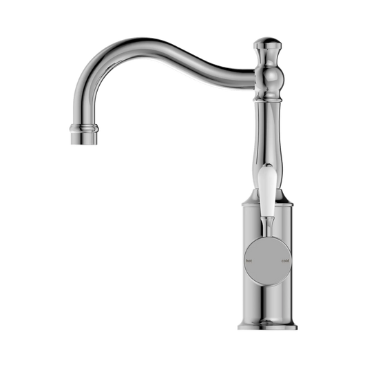 York Basin Mixer Hook Spout With White Porcelain Lever Chrome