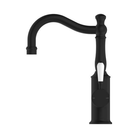 York Basin Mixer Hook Spout With White Porcelain Lever Matte Black
