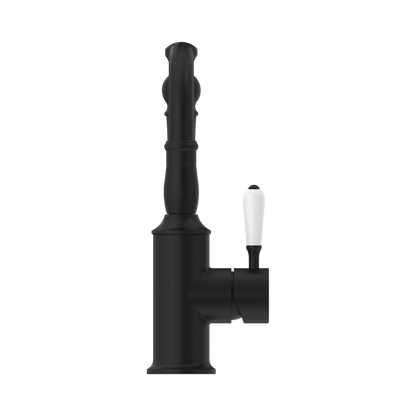 York Basin Mixer Hook Spout With White Porcelain Lever Matte Black
