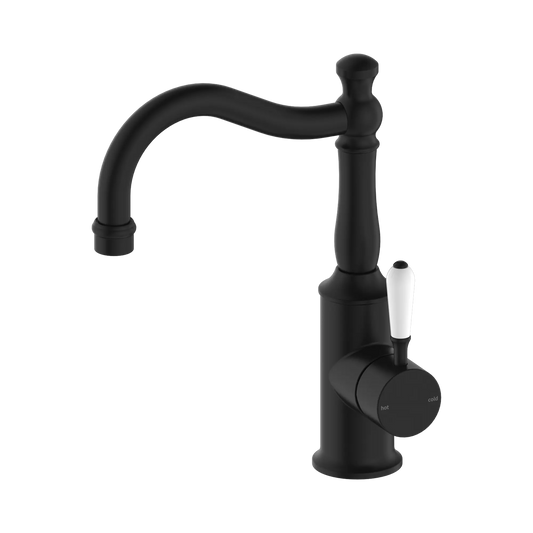 York Basin Mixer Hook Spout With White Porcelain Lever Matte Black