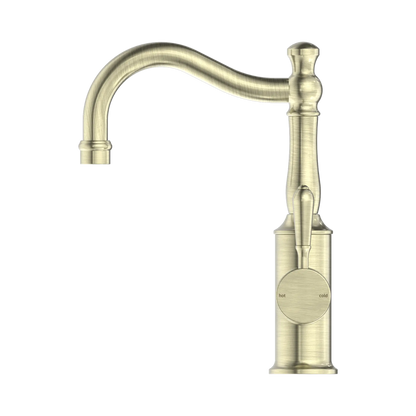 York Basin Mixer Hook Spout With Metal Lever Aged Brass