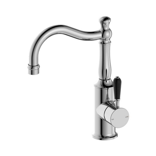 York Basin Mixer Hook Spout With Black Porcelain Lever Chrome