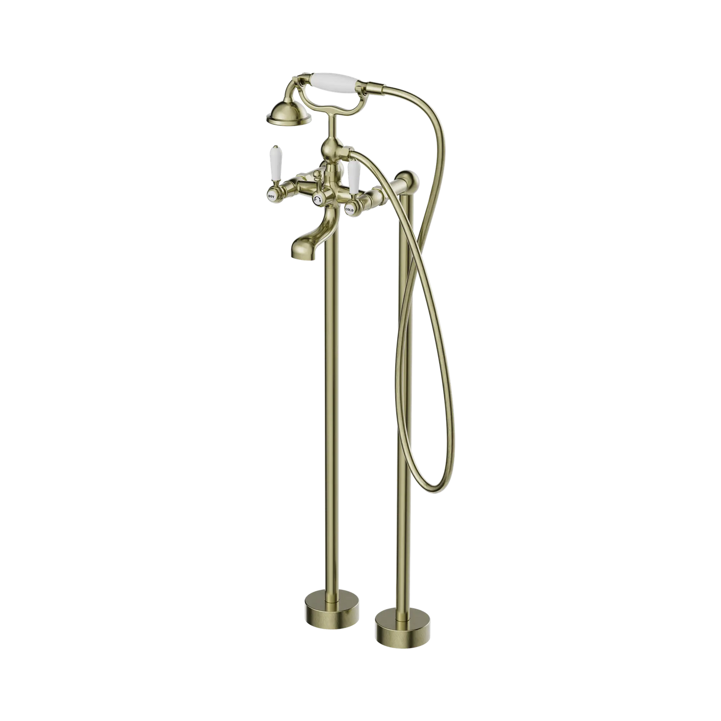 York Freestanding Bath Set With White Porcelain Hand Shower Aged Brass