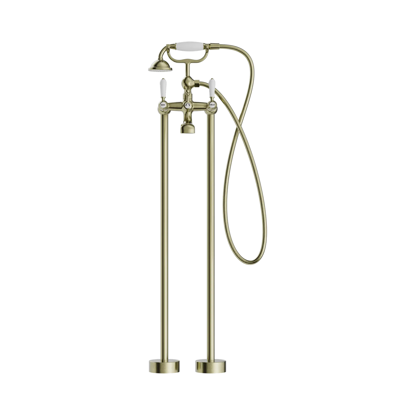 York Freestanding Bath Set With White Porcelain Hand Shower Aged Brass