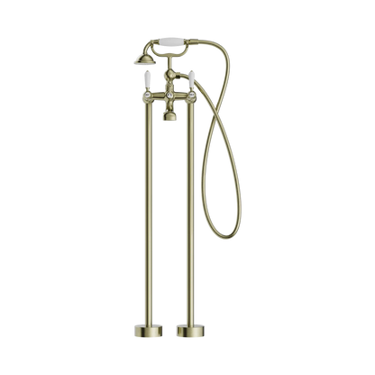 York Freestanding Bath Set With White Porcelain Hand Shower Aged Brass