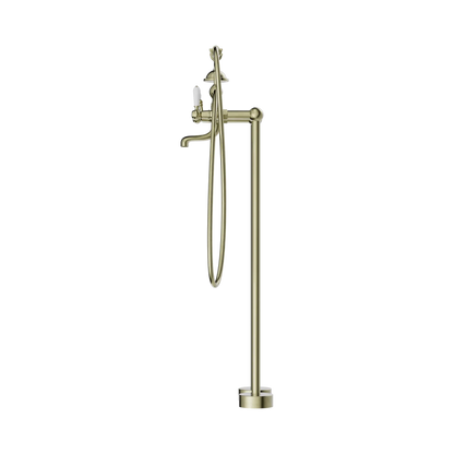 York Freestanding Bath Set With White Porcelain Hand Shower Aged Brass