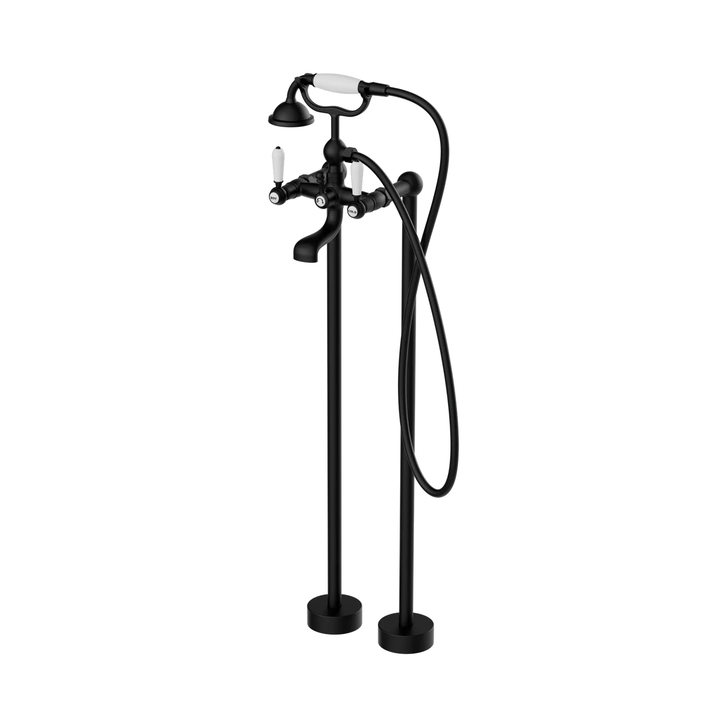 York Freestanding Bath Set With White Porcelain Hand Shower Matte Black