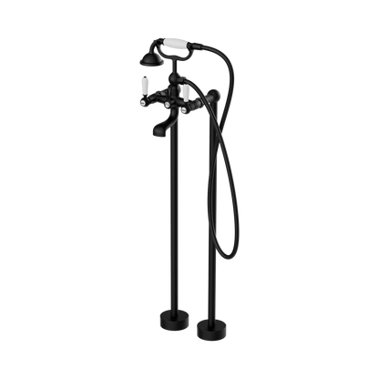 York Freestanding Bath Set With White Porcelain Hand Shower Matte Black