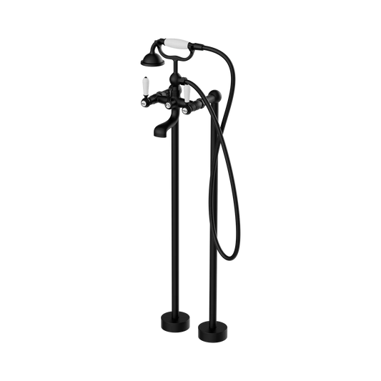 York Freestanding Bath Set With White Porcelain Hand Shower Matte Black