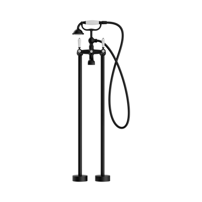 York Freestanding Bath Set With White Porcelain Hand Shower Matte Black